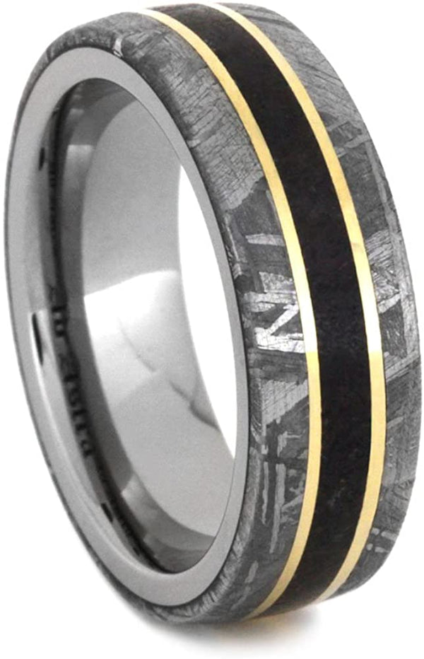 Gibeon Meteorite, Dinosaur Bone, 14k Yellow Gold 7mm Comfort-Fit Titanium Band, Size 12.25