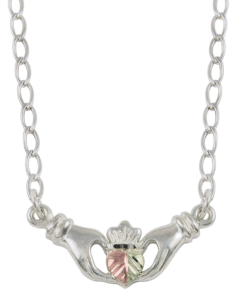 Claddagh Pendant Necklace, Sterling Silver, 12k Green and Rose Gold Black Hills Gold Motif, 18"