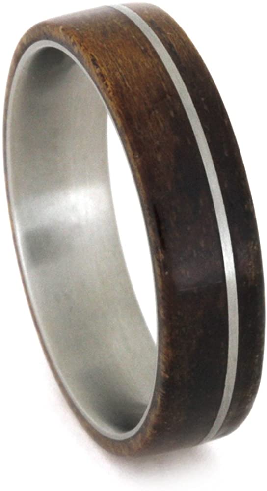 Koa Wood, Titanium Pinstripe 6.5mm Comfort-Fit Matte Titanium Band, Size 9