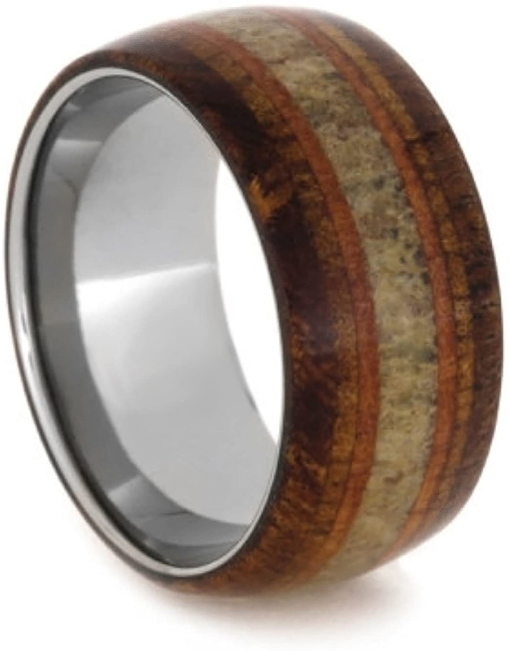 Elk Antler, Koa Wood, Black Mesquite, Cedar 11mm Comfort-Fit Titanium Band, Size 4.75