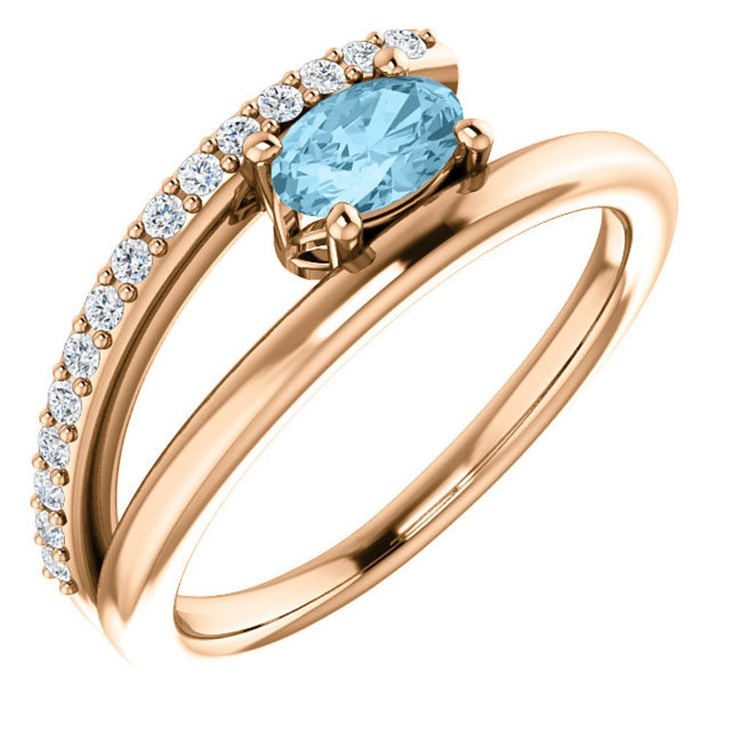 Aquamarine and Diamond Bypass Ring, 14k Rose Gold (.125 Ctw, G-H Color, I1 Clarity)