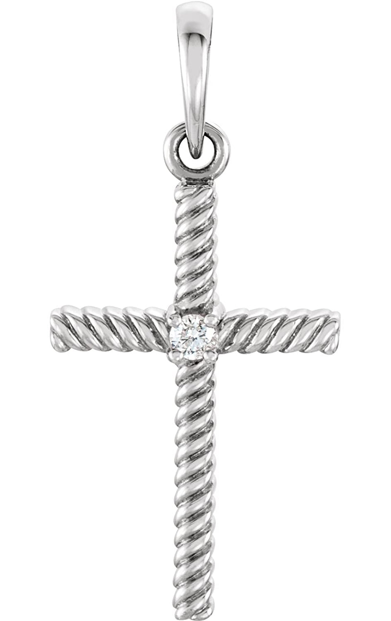 Diamond Rope-Trim Cross Rhodium-Plated 14k White Gold Pendant (.02 Ct, G-H Color, I1 Clarity)