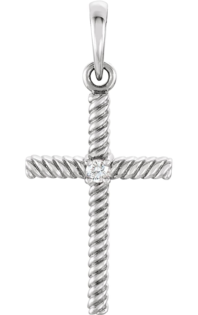 Diamond Rope-Trim Cross Rhodium-Plated 14k White Gold Pendant (.02 Ct, G-H Color, I1 Clarity)