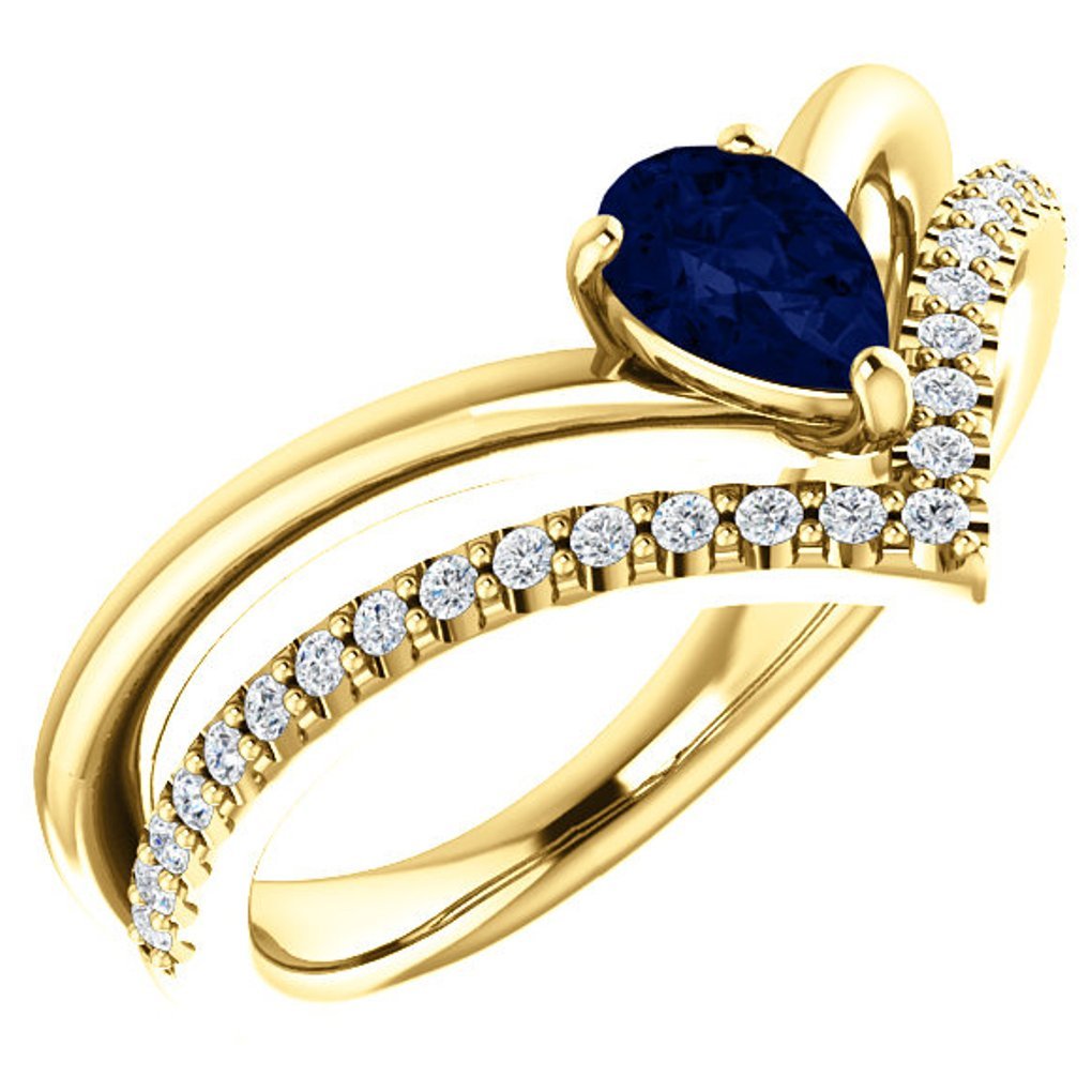 Chatham Created Blue Sapphire Pear and Diamond Chevron 14k Yellow Gold Ring (.145 Ctw, G-H Color, I1 Clarity)