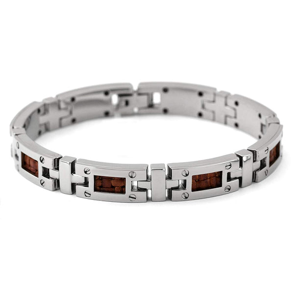 Men's Texture Collection Gray Titanium and Brown Leather Bracelet, 8"