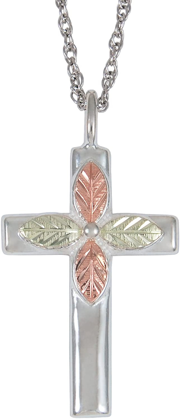 The Men's Jewelry Store (for HER) Cross Pendant Necklace, Sterling Silver, 12k Green and Rose Gold Black Hills Gold Motif, 18''
