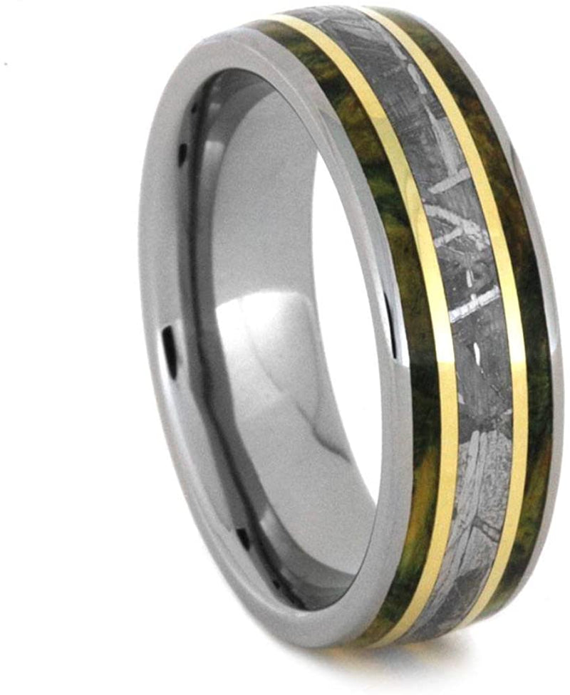 His and Hers Titanium Wedding Band Set, Gibeon Meteorite, Green Box Elder Burl Wood, 14k Yellow Gold Ring, M8.5-F5