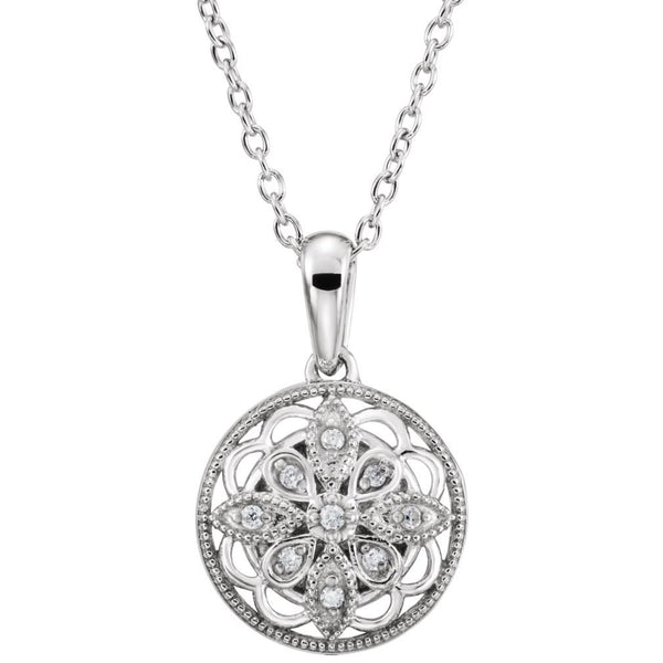 Diamond Round Vintage Style Sterling Silver Pendant Necklace, 18" (.05 Cttw)