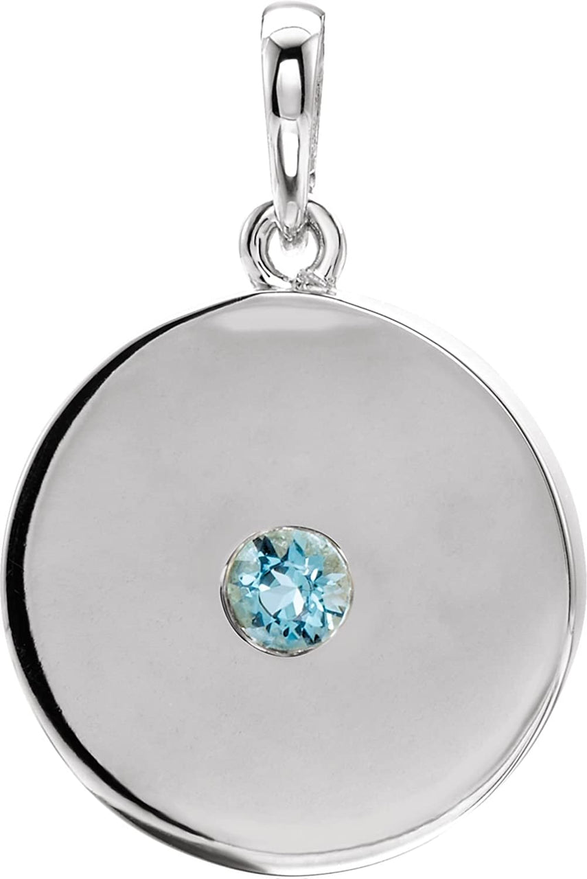 Round Aquamarine Disc Pendant, Rhodium-Plated 14k White Gold