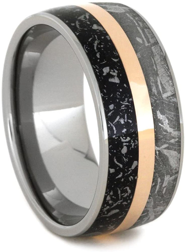 Gibeon Meteorite, Black Stardust, 14k Rose Gold 10mm Comfort-Fit Titanium Wedding Band
