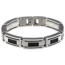Men's Stainless Steel and Leather Inlays Bracelet, 8.5"