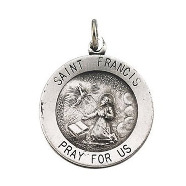 Rhodium Plated Sterling Silver Round St. Francis of Assisi Medal Necklace, 18" (18.25 MM)