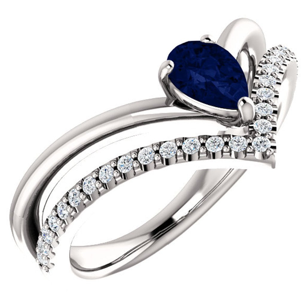 Chatham Created Blue Sapphire Pear and Diamond Chevron Rhodium-Plated 14k White Gold Ring (.145 Ctw, G-H Color, I1 Clarity)