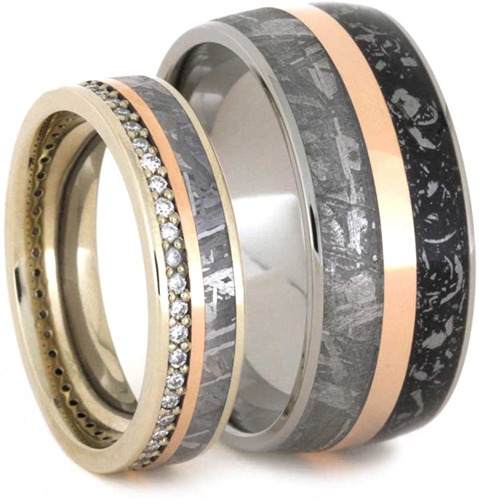 Diamond Eternity, Gibeon Meteorite, 14k Rose and White Gold Ring, Men's Gibeon Meteorite, 14k Rose Gold Stripe, Black Stardust, Titanium Band; His and Hers Wedding Set, M9-F5