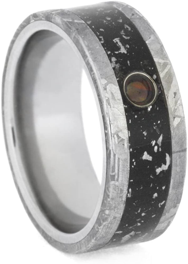 Created Black Opal Cabochon, Gibeon Meteorite, Black Stardust 8.5mm Comfort-Fit Titanium Wedding Band, Size 5.5