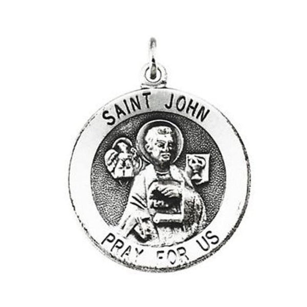 Sterling Silver Round St. John the Evangelist Medal Necklace, 18" (25 MM)