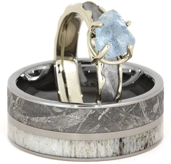 Aquamarine, Gibeon Meteorite, 10k White Gold Engagement Ring and Gibeon Meteorite, Deer Antler Titanium Band, Couples Wedding Set, M16-F8