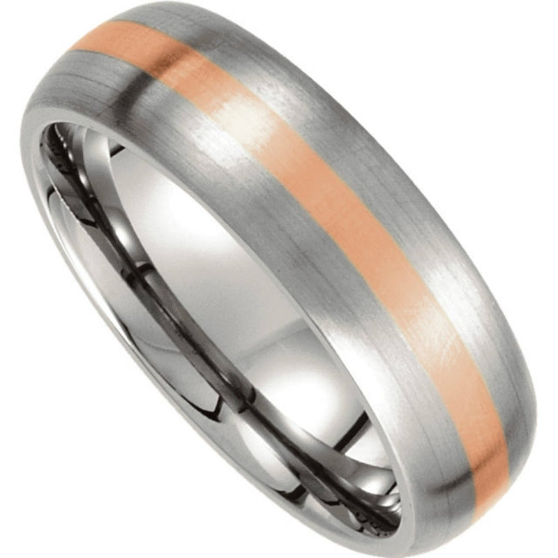 Titanium and 14k Rose Gold 7mmSatin Finished Dome Comfort Fit Band, Size 10