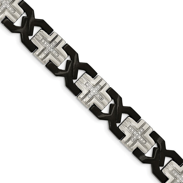 Men's Brushed and Polished Stainless Steel Black IP-Plated with CZ Bracelet, 8.25"