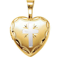 Satin-Brush Heart with Cross 14k Yellow Gold Plated Sterling Silver Locket (12.50X12.00 MM)