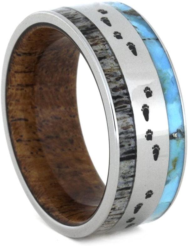 Antler, Turquoise, Mesquite Wood, Bear Tracks Engraving 9mm Comfort-Fit Titanium Band, Size 6