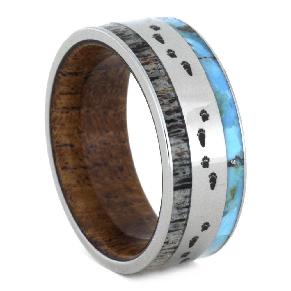 Antler, Turquoise, Mesquite Wood, Bear Tracks Engraving 9mm Comfort-Fit Titanium Band