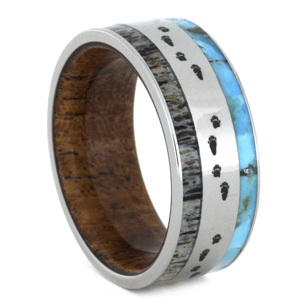 Antler, Turquoise, Mesquite Wood, Bear Tracks Engraving 9mm Comfort-Fit Titanium Band