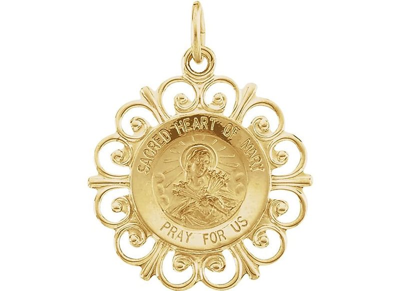 Rhodium Plated 14k Yellow Gold Sacred Heart of Mary Medal (18.5 MM)