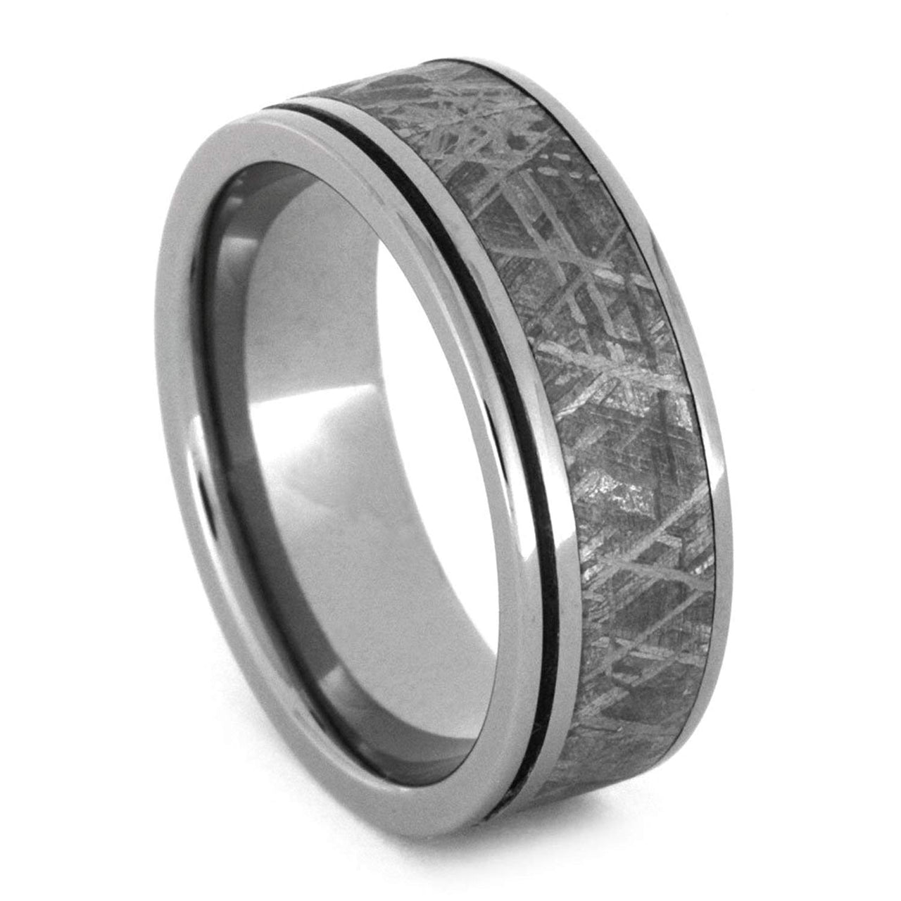 Gibeon Meteorite, Grooved Titanium Pinstripes 8mm Comfort-Fit Titanium Band