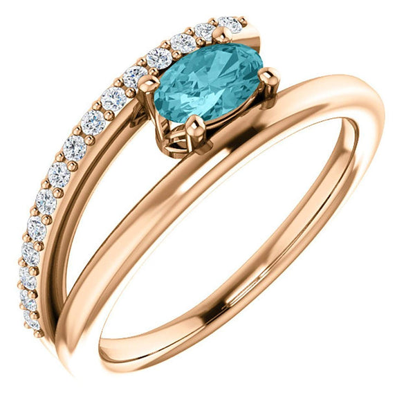 Blue Zircon and Diamond Bypass Ring, 14k Rose Gold (.125 Ctw, G-H Color, I1 Clarity)