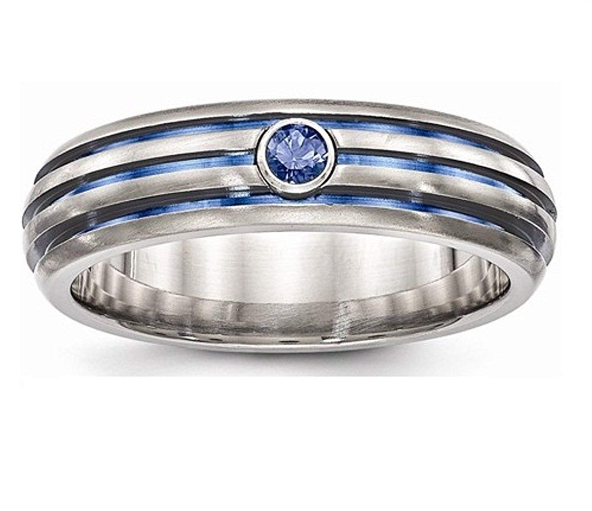 Edward Mirell Titanium Triple Groove Blue Anodized and Sapphire 6mm Wedding Band