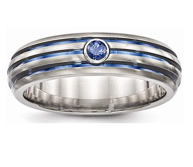 Edward Mirell Titanium Triple Groove Blue Anodized and Sapphire 6mm Wedding Band