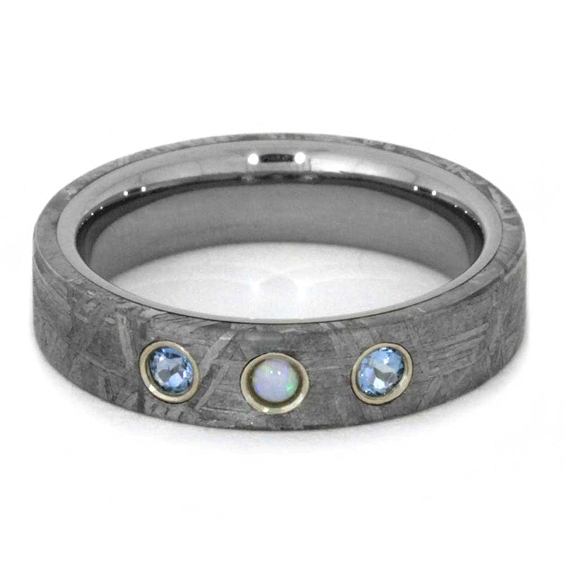 Aquamarine, Gibeon Meteorite 10k White Gold Ring and Opal, Aquamarine, Gibeon Meteorite Titanium Band, Couple Wedding Set