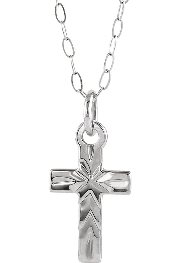Youth Cross Rhodium-Plated 14k White Gold Pendant Necklace, 15" (09.50X06.50 MM)