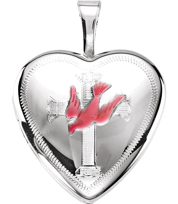 Petite Enameled Dove and Cross Heart Sterling Silver Locket (15.80X16.00 MM)