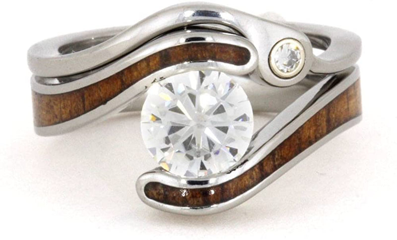 The Men's Jewelry Store (for HER) Charles & Colvard Forever One Moissanite, Koa Wood Titanium Engagement Ring and Shadow Wedding Band