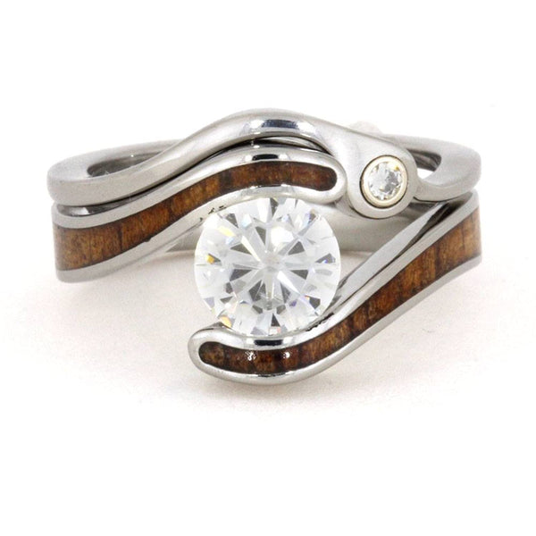 The Men's Jewelry Store (for HER) Charles & Colvard Forever One Moissanite, Koa Wood Titanium Engagement Ring and Shadow Wedding Band
