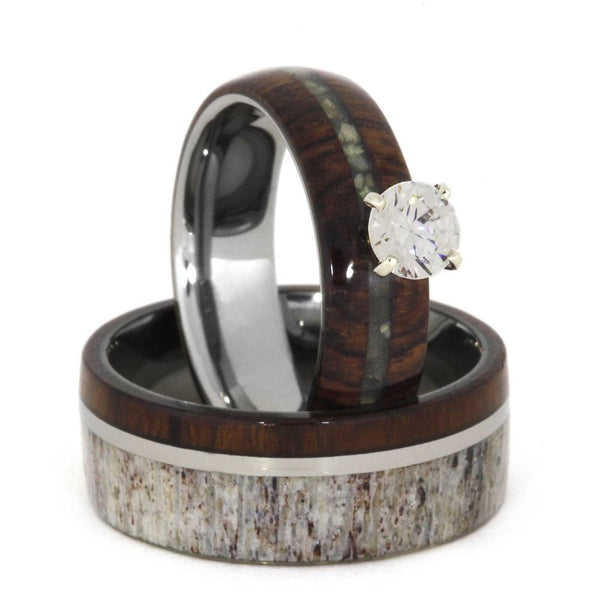 Diamond, Mother of Pearl, Ironwood Engagement Ring, Deer Antler, Ironwood, Titanium Band and His and Hers Wedding Band Set Size 15.5