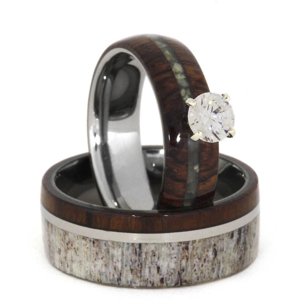 Diamond, Mother of Pearl, Ironwood 10k White Gold Ring and Deer Antler, Ironwood Titanium Band, Couples Wedding Set