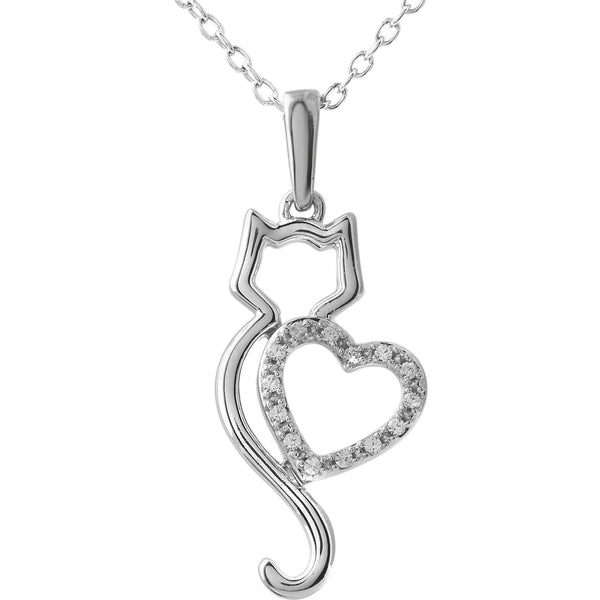 Diamond .05 Cttw Kitty and Heart Silhouette 10k White Gold Necklace, 18" with Charm Pet Collar Tag