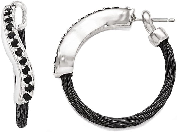 Tango Collection Black Titanium Cable, Argentium Silver Cable Black Spinel Hoop Earrings (.78 Cttw)