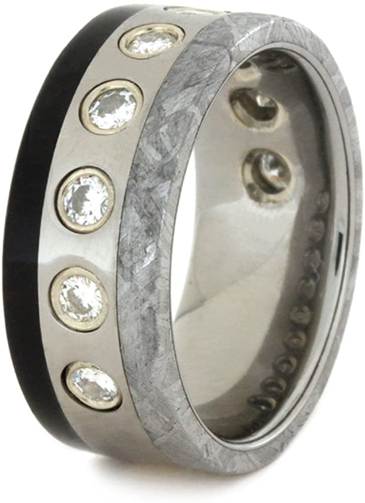 Forever One Moissanite, Gibeon Meteorite, African Blackwood 8mm Comfort-Fit Titanium Band, Size 12.5