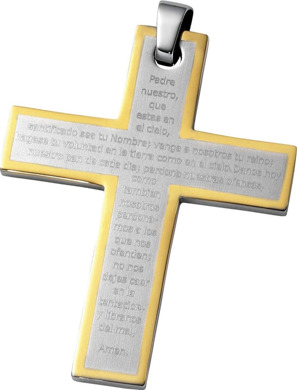 Men's Large Padre Neustro Prayer Cross Pendant, Stainless Steel and 14k Yellow Gold Plate