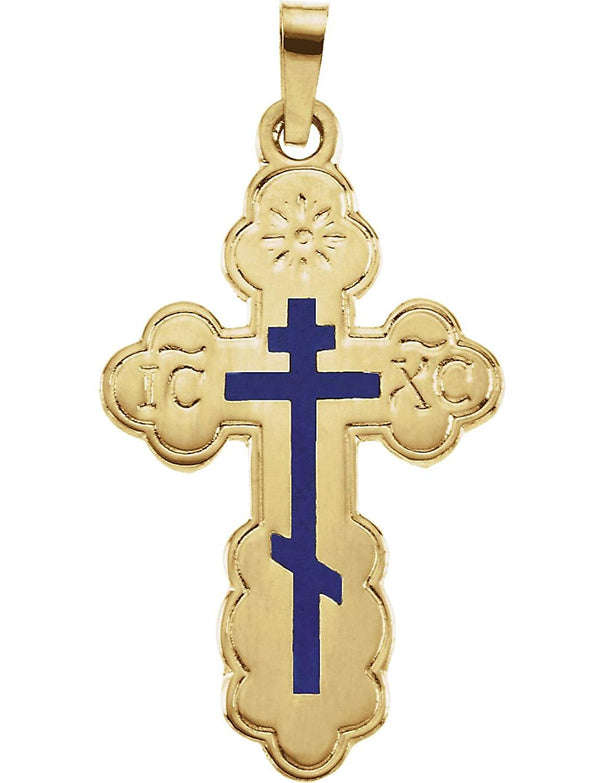 Orthodox Cross with Blue Enamel 14k Yellow Gold Pendant