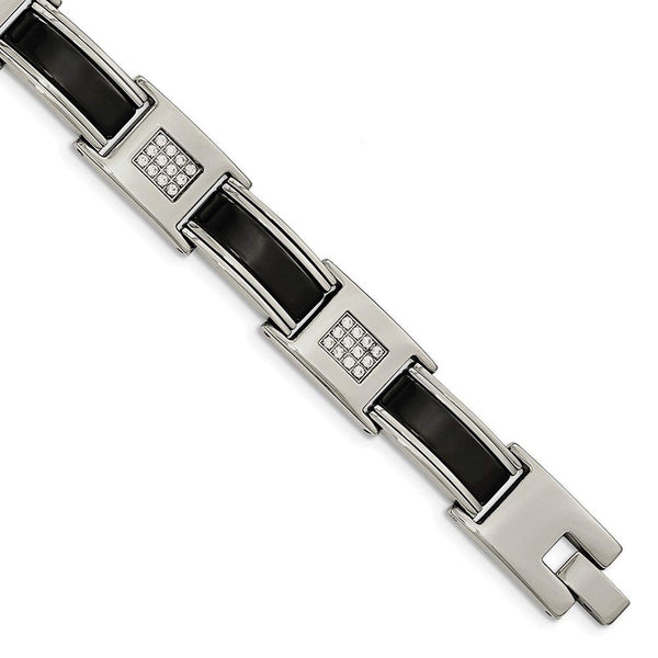 Men's Polished Stainless Steel with Black Ceramic and CZ Bracelet, 8.5"