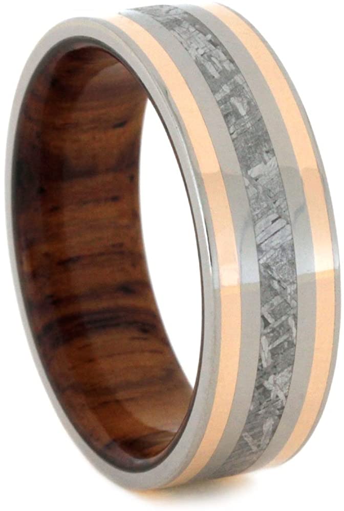 Gibeon Meteorite, 14k Rose Gold, Titanium 7mm Comfort-Fit Honduran Rosewood Band, Size 9