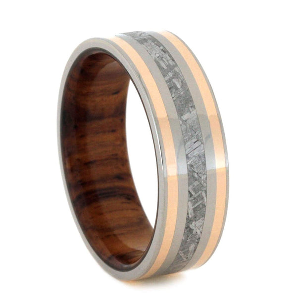 Gibeon Meteorite, 14k Rose Gold, Titanium 7mm Comfort-Fit Honduran Rosewood Band