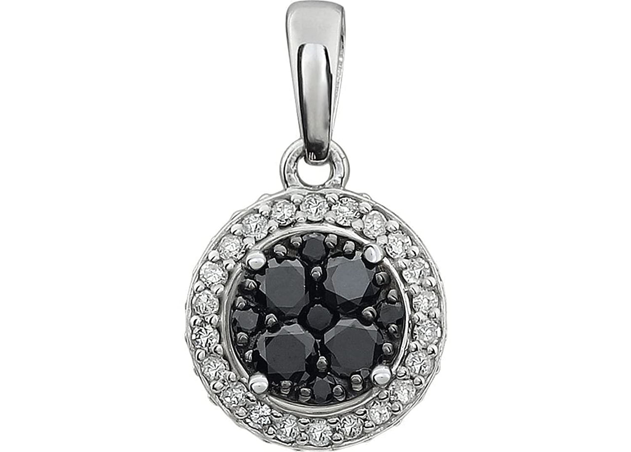 Black and White Diamond Halo Pendant in 14k White Gold, (3/8 Cttw)