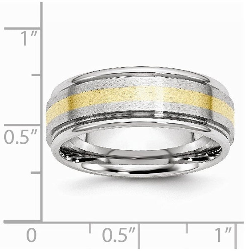 Men's Brushed Cobalt Chrome, 14k Yellow Gold Inlay 8mm Rounded Edge Band Size 7