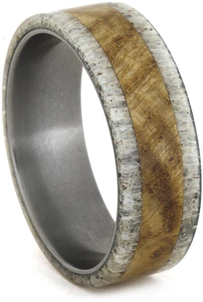 Black Ash Wood Burl, Deer Antler 8mm Comfort-Fit Matte Titanium Wedding Ring, Size 4